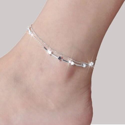 S925 sterling silver anklet Japanese and Korean fashion silver jewelry star bell personality double layer sexy anklet