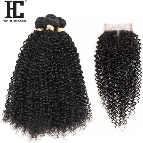 HC Brazilian Deep Wave 3 Bundles Human Hair With Lace Closure 4*4 Free Middle Three Part Natural Color Non Remy Hair Weave