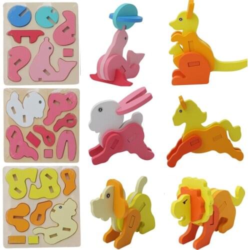 Infant Kids Handmade DIY Cartoon Zoo Animal Model 3D Puzzles Baby Toys Wooden Puzzles Children Early Learning Educational Toys