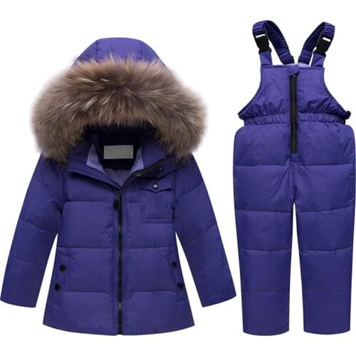 New 2018 Russia Winter Childrens Clothing Sets Duck Down Boys Clothing Real Raccoon Fur Hooded Kids Coats for Girls Jackets