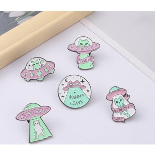 Alien Cat Enamel Pins UFO Space Ship Badges Take Me Leave Here Brooches For Women Men Outer Space Jewelry Universe Nerd Gifts