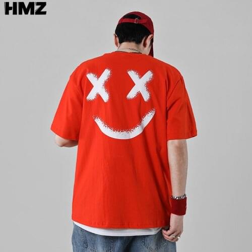 HMZ Smiley Print Tshirts Harajuku Casual Streetwear Tops Hip Hop Tees Men Summer Short Sleeve T Shirts Daily Top Fashion Tee Man
