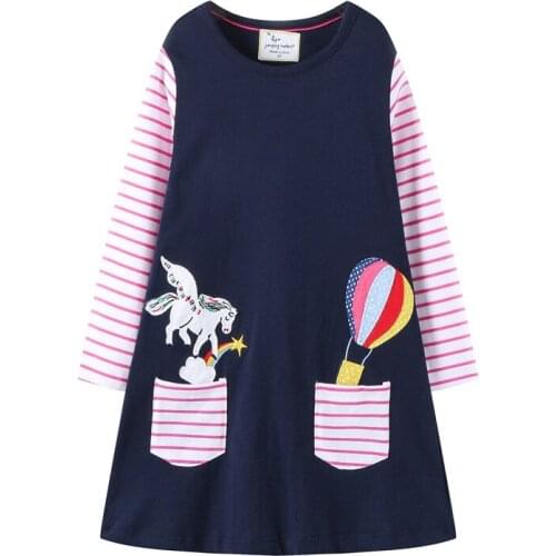 Jumping meters Long Sleeve Princess Girls Cotton Dresses Animals Applique Pockets Children Autumn Spring Clothes Unicorn