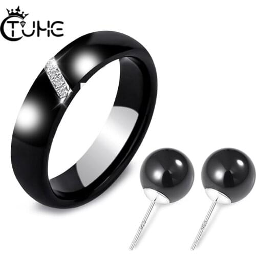TUHE Fashion Women Ceramic Jewelry Sets For Women Trendy Jewelry 6mm Smooth Ceramic Ring Stud Earrings CZ Jewelry Female Set