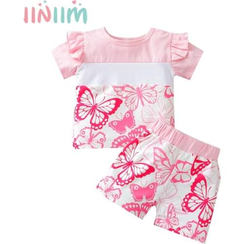 Newborn Baby Girls Clothes Set Sweet Princess Ruffle Cotton Outfits Short Sleeve Pink Butterfly Print T-shirt Top Shorts