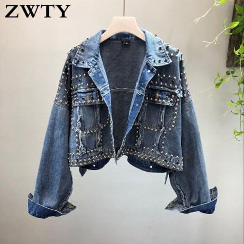ZWTY New Studded Rivet Denim Jacket Womens Single Breasted Casual Short Jeans Jackets Coat Female Loose Outerwear Coat