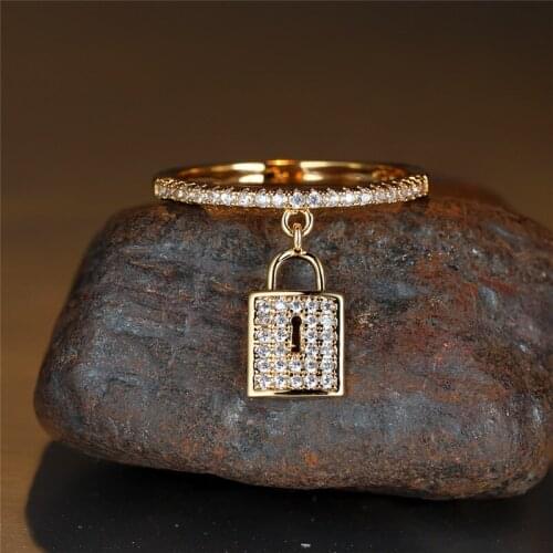 Cute Female Crystal Lock Pendant Ring Trendy Gold Silver Color Engagement Ring Charm White Zircon Wedding Rings For Women