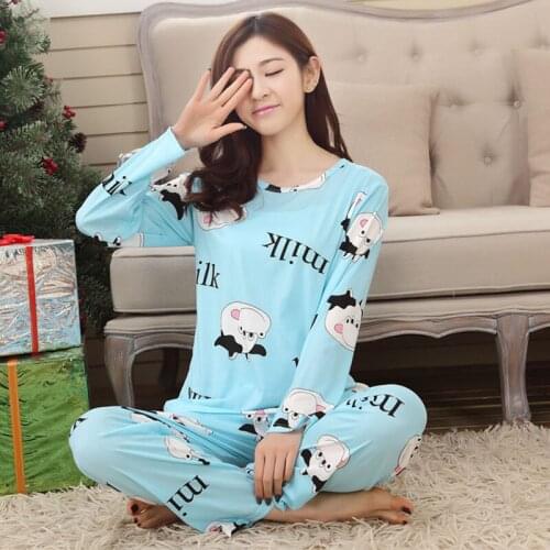 H5723 Korean Long Sleeve Pajamas Womens Spring Autumn Thin Loose Home Clothes Suit Female Girls Round Collar Cartoon Nightwear