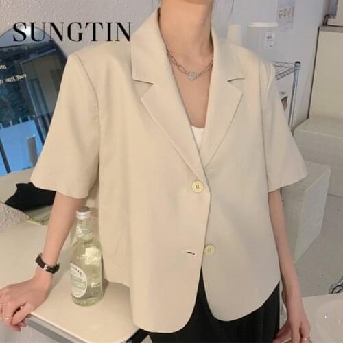 Sungtin Casual Summer Loose Short Blazers for Women Solid Design Short Sleeve Blazers Femme Single Button Womens Jacket 2021 OL