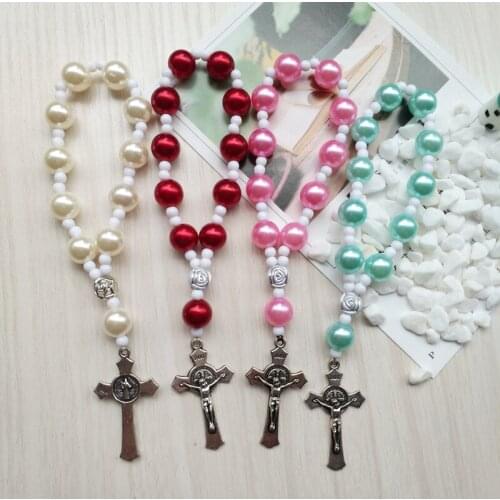 QIGO New Imitation Pearl Elastic Cross Rosary Bracelet Religious Jewelry Gifts