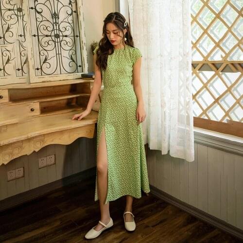 Long Floral Chiffon Green Women Dress Summer 2020 Runway Elegant Vintage Party Dress Bohemian Maxi Korean Beach Vacation Dress