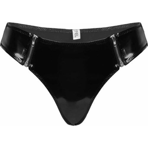 #S-XL Women Shiny Patent Leather Bikini Briefs Low-waisted Front Zipper Thong Panties Underpants Underwear Clubwear