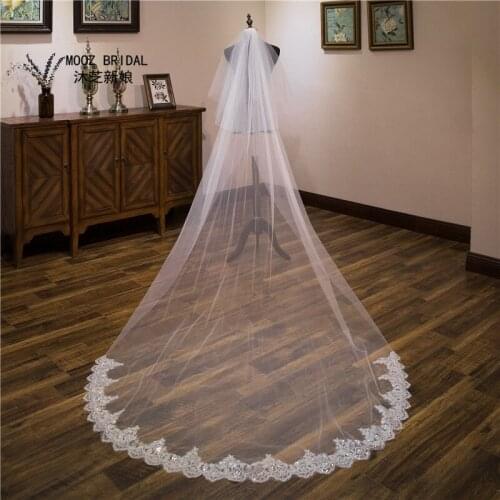 3 Meters Long Bridal Veils Sequins Lace Rounded Cut Edge Two Layers 2018 Wedding Veil