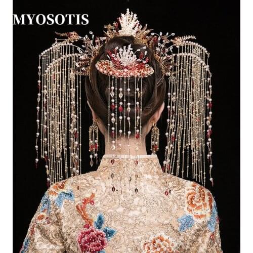 Luxury Chinese Phoenix Bridal Crowns Red Crystal Empress Princess Headpiece Stage Performance Wedding Party Accessories