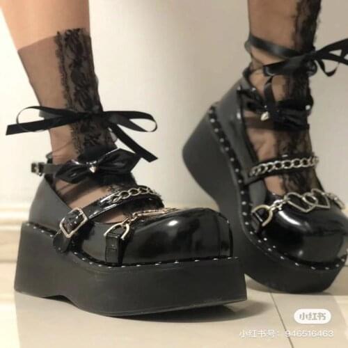 Cute Lolita Shoes Buckle Strap Mary Janes Platform Shoes Women Chain Patent Leather Beautiful Comfortable Girls Cosplay Shoes