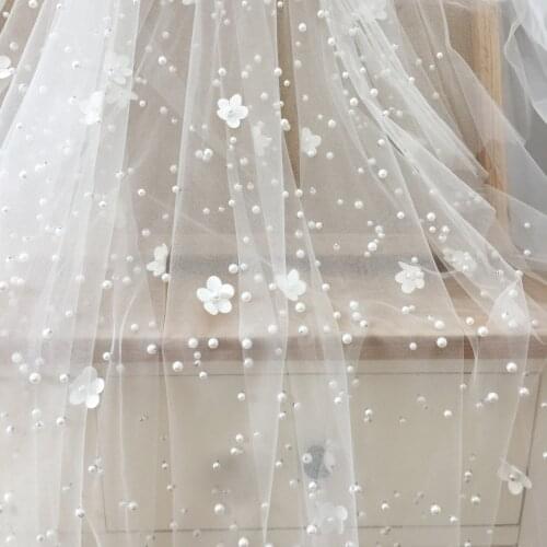 Off White 3D Blossom Pearl Beading Tulle Lace Fabric , Bridal Veil Wedding Gown Lining Gorgeous Flower Lace DIY Accessories