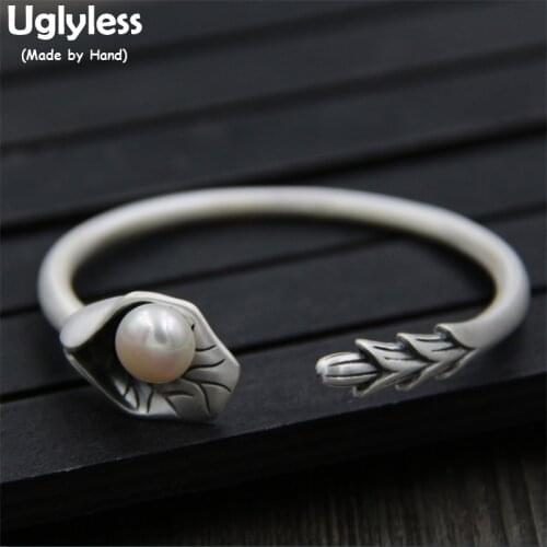 Uglyless Real S999 Silver Fine Jewelry Elegant Pearl Bangles for Women Vintage Handmade Carved Lotus Leaf Bangle Opening Bijoux