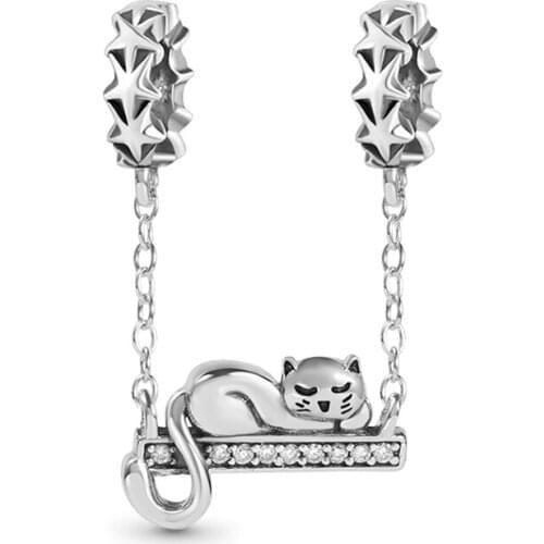New 925 Sterling Silver Sleeping Cat Pendant Dangle Charm bead Fit Original Pandora Bracelet DIY Jewelry For Women