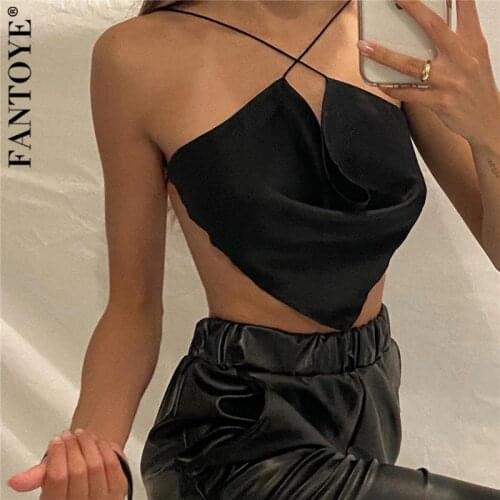 FANTOYE Stain Sexy Bandage Irregular Camis For Women Summer Backless Black Skinny Crop Tops Casual New Solid Nightclub Tank Tops