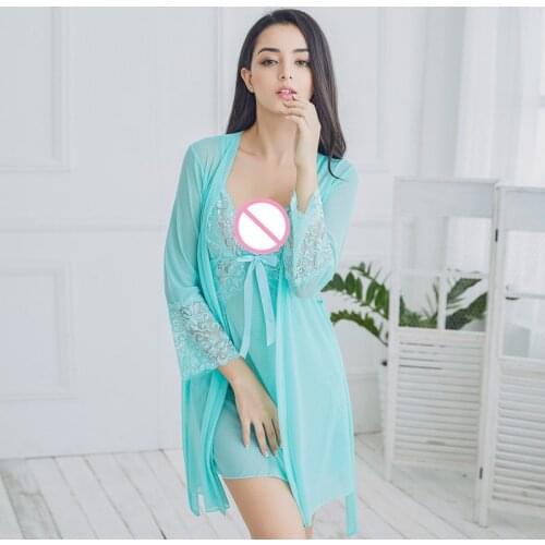 Two Set Summer Lady Sexy Lace Lingerie Deep V Erotic Temptation Net Yarn Sling Belt Slim Sleepwear Full Slips M-XL 7 Color