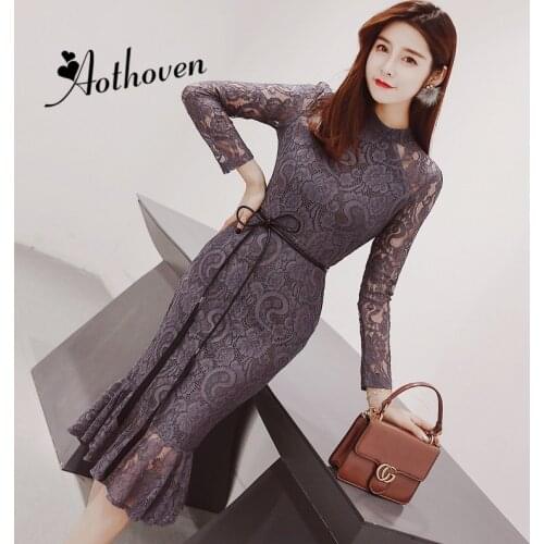 2021 Autumn Vintage Lace Mermaid Dresses O Neck Long Sleeve Womens Dress Office Ladies Bandage Bodycon Sexy Party Dress Vestidos