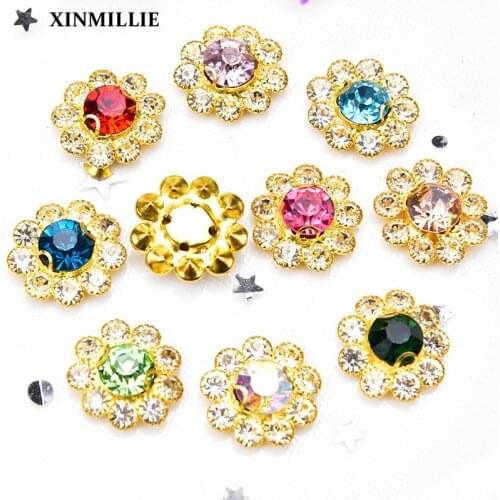 10pcs Glass Flower Rhinestones With Gold Setting Base Clear Crystal Strass Sewing Wedding Dress Decoration DIY Accessories
