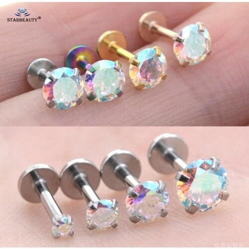 4 pcs 16G Round Rainbow Crystal Nose Piercing Oreja Tragus Piercing Labret Ear Piercing Lip Nose Ring Cartilage Helix Earrings