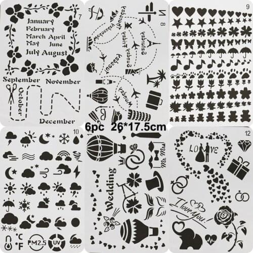 6pc Reusable Stencil Bullet Journal Painting Template DIY Wall Painting Scrapbook Coloring Embossing Album Decorative Template