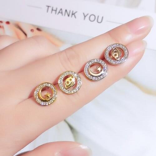 925 Silver High Sense Circle Fashion Diamond Earrings Female Asymmetric Star And Moon Earrings Super Fairy Fresh Simple