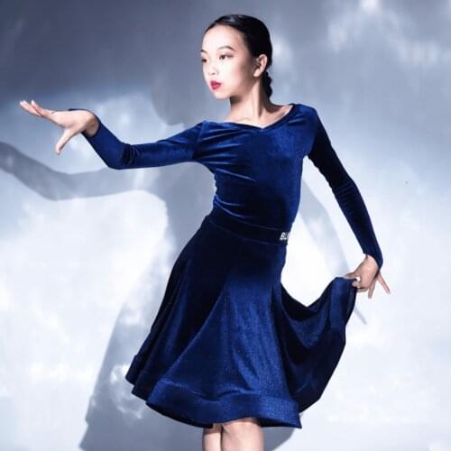 Velvet Latino Dance Clothes For Girls Blue Competition Costume Ballroom Practice Wear Two Piece Costume Tap Dance Wear JL2136
