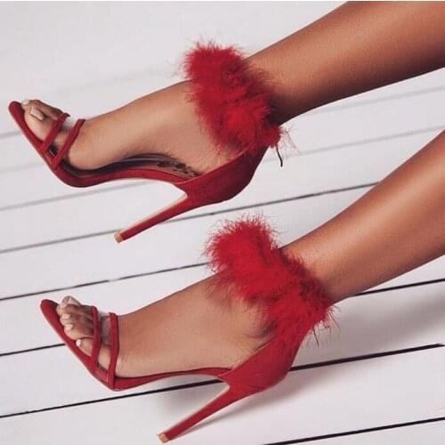 Summer New Brand Designer Women Sexy Red Pink Beige Pink Solid Color Synthetic Fur Open Toe Zip Back Party Stiletto Heel Sandals