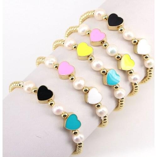 5Pcs 2021 Hot Beaded Bracelet with Enamel Heart Charm, Gold Beaded Stretch Charm Bracelets, Stack of Gold Bracelets, Gifts