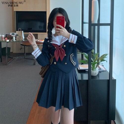 Black Japanese Anime Girl Cosplay Costumes School Girls Student COS JK Uniform Sailor Clothes Long Sleeve Top Pleated Skirt New