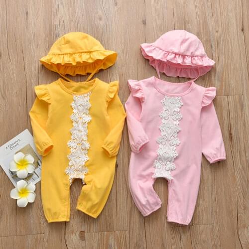 2 Colors Newborn Baby Girl Romper With Hat Infant Baby Sleepwear Solid Color Long Sleeve Personalized Cotton Baby Pajamas