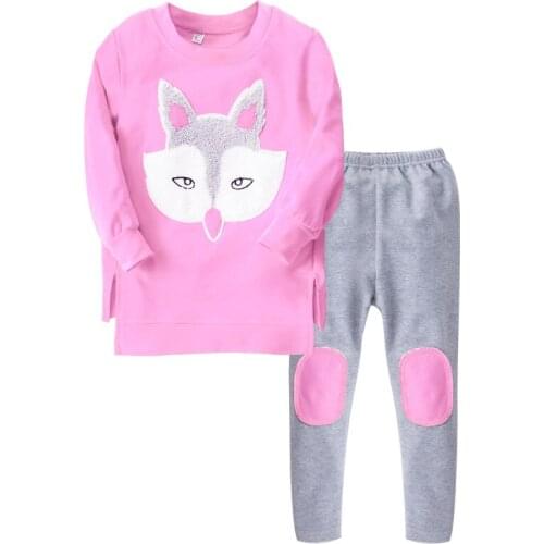 Cute causal kids tops pants set lovely fox head pattern clothes set for 3-12yrs children boys girls outerwear cotton clothes set