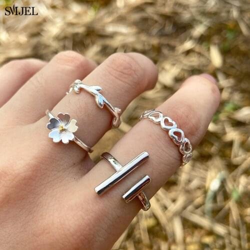Geometric Linked Heart Circular Punk Rings Opening Index Finger Accessories Buckle Joint Tail Ring for Women Bar Jewelry Gifts