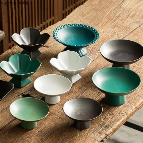 Chinese-style Ceramic High-footed Refreshment Plate Fruit Nut Snack Plate Storage Tray Modern Home Living Room Decoration