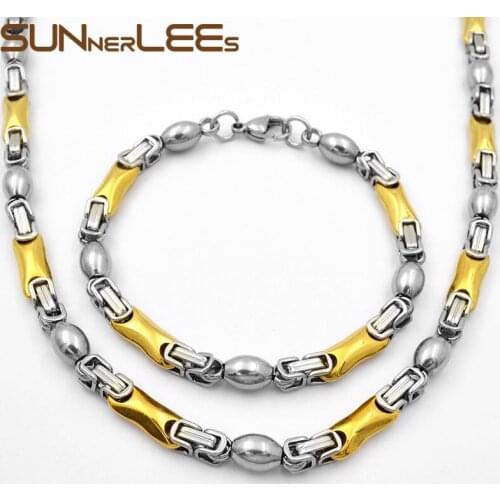 SUNNERLEES Fashion Jewelry Stainless Steel Necklace Bracelet Set 6mm Geometric Link Chain Silver Color Gold Plated Unisex SC92 S
