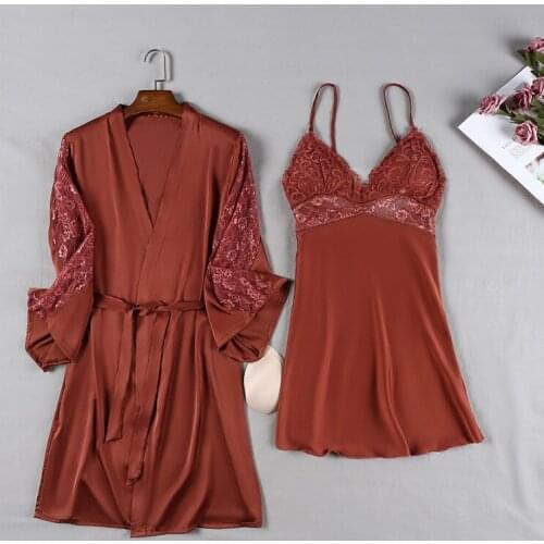 New 2PCS Robe Gown Sets Satin Lace Female Nighty Bathrobe Strap Nightdress Summer Kimono Sleep Nightgown Home Wear Sleepwear