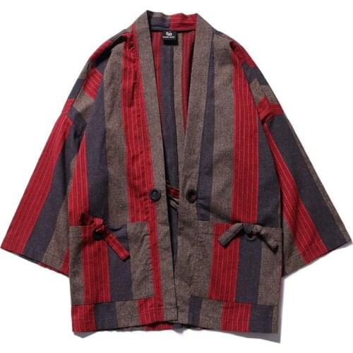 Vintage Striped Short Kimono Cardigan Jacket Men Big Pockets Loose Japanese Kimono Coat Thin Linen Japanese Kimono Robe