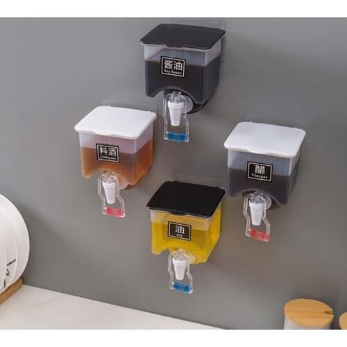 E7CB Kitchen Wall Mount Oil Pot Multi Purpose Seasoning Can with Push-Type Faucet Grease Oil Storage Can Container with Lid