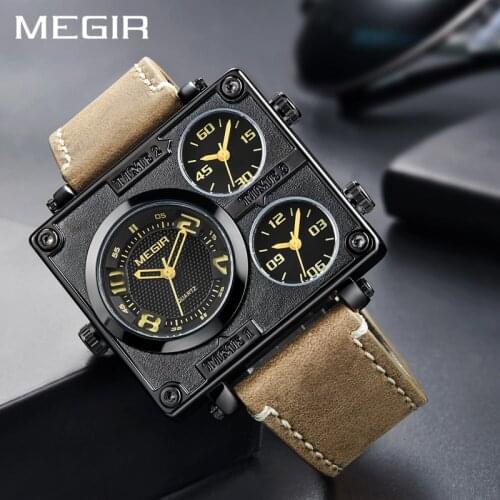 MEGIR Multiple Time Zone Mens Watches Top Brand Luxury Waterproof Rectangle Army Military Watch Man Wristwatch Hour Reloj Hombre