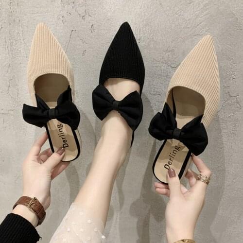 Female Shoes Cover Toe Butterfly-Knot Mules For Women 2021 Slippers Casual Square heel Loafers Slides Med New Luxury Pointed