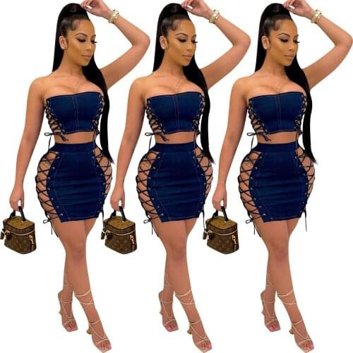 HAOOHU womens new summer clothes fashion washed denim suit skirt personality lace-up denim suit