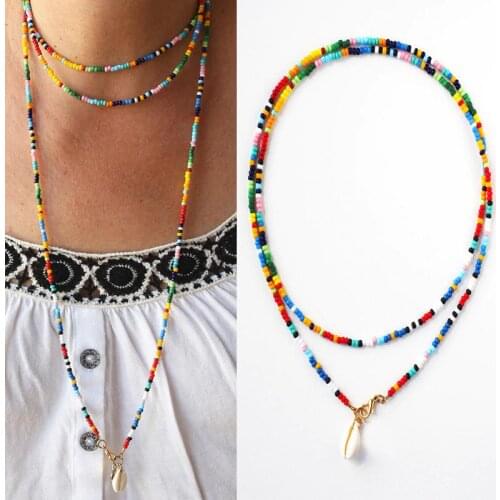 Trendy New Bohemian Jewelry Beads Long Chains Handmade Beads Shell Pendant Clavicle Choker Necklace for Women Beach Accessories