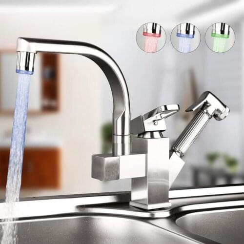 Rotated kitchen sink basin faucet pull down LED,Copper stretched dish basin faucet brushed,Kitchen faucet mixer tap hot and cold
