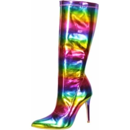 2020 Multi color women rainbow boots thin heel point toe booties sexy half boots mix color high heel fashion mujer botas
