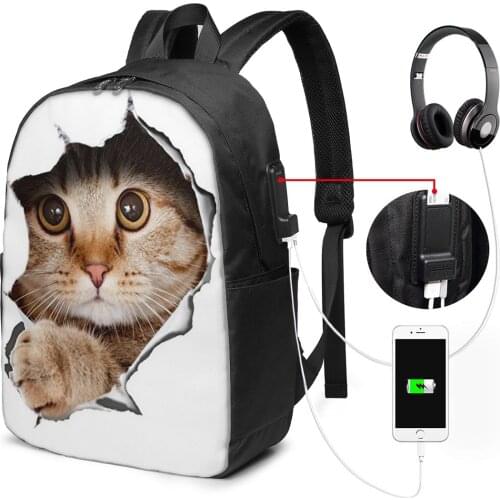 Designer Cat Girls School Backpack 17in for Teenage Casual Backpacks Travelling Hiking Women USB Charge Laptop Business Bag