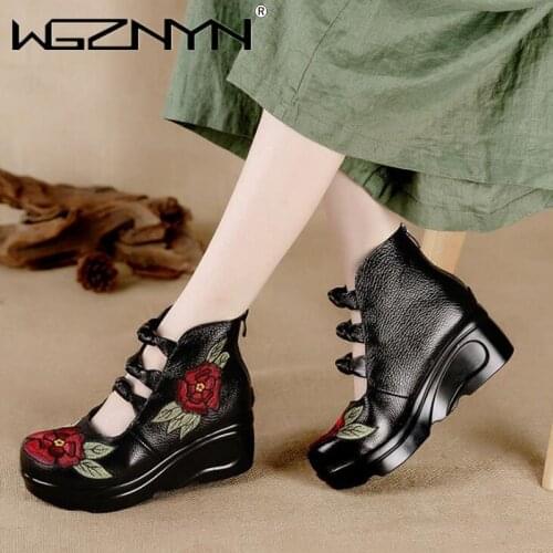 Women Flower Sandals Shoes Slope Casual Leather Shoes Fashion Embroidered Ladies Vintage Waterproof Platform Sandals for Women