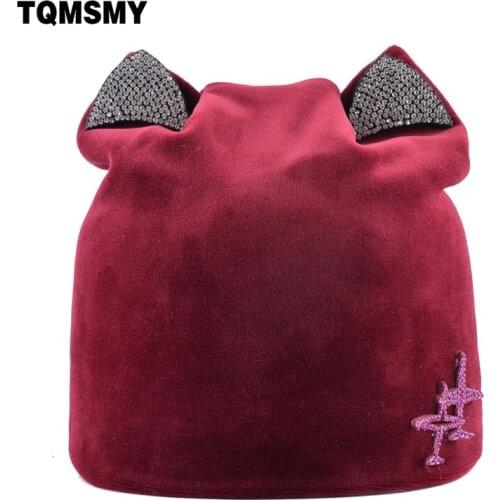 Rhinestone aircraft hat Winter women Beanies Solid Color Cat Ear cap Warm Soft girls Beanie Autumn Hats For Woman bone